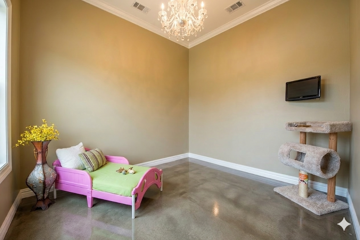 Las Vegas cat boarding room with climbing post, cozy bed, and toys.